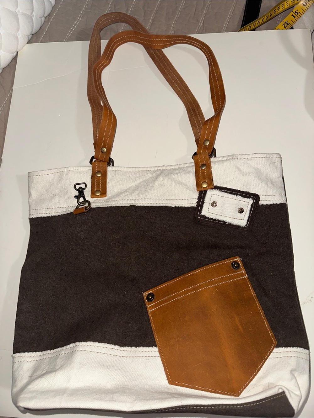 Myra Bag Brown, White & Tan Canvas Tote with Leather Pocket